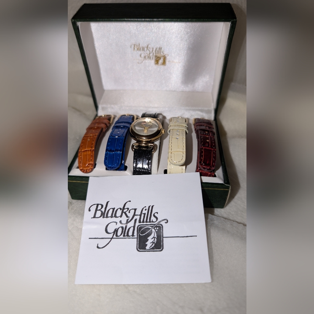 Black Hills Gold Tone Watch 12k Gold Leaves Interchangeable Bands New In Box - Picture 3 of 8
